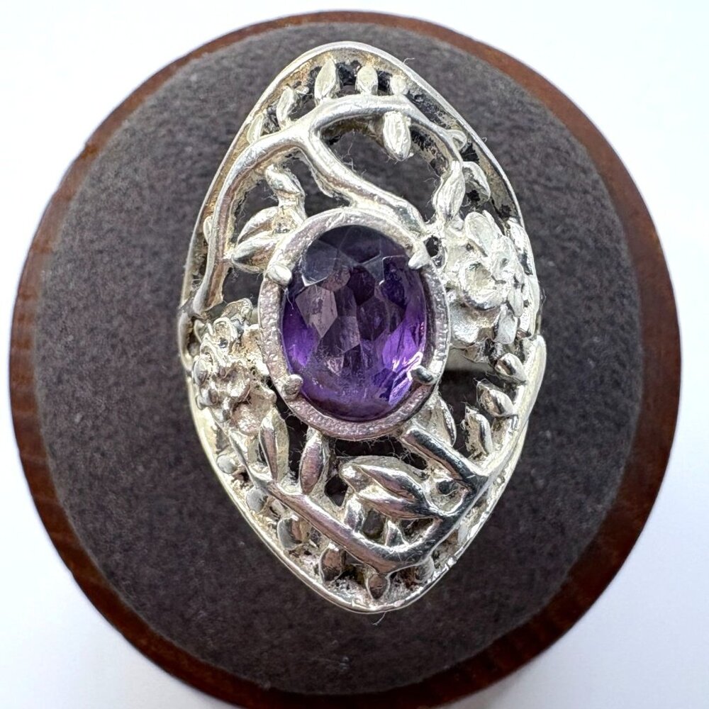 Amethyst Prong Set Leaf Design Statement Ring VTG Sterling Silver 925 Size 5.75